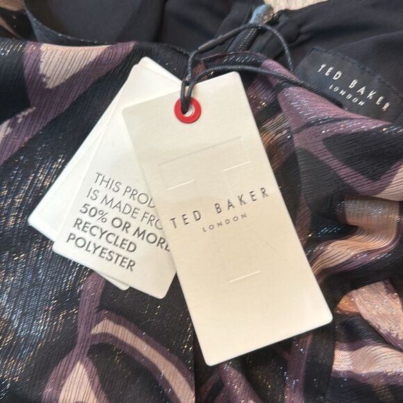 NWT TED BAKER JASMYNA RUFFLE-NECK TOP TIE-WAIST ABSTRACT BLACK MULTI TED SIZE 3 - Picture 8 of 13